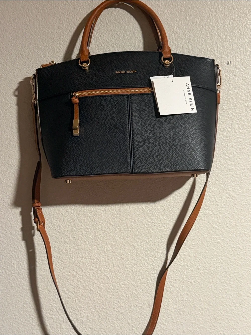Anne Klein Black Satchel with Tan Trim and Gold Hardware